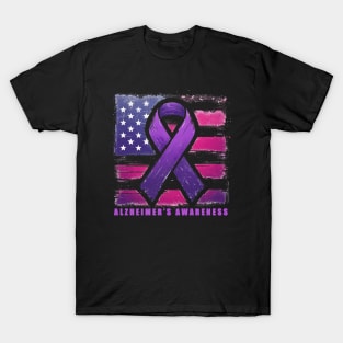 Alzheimer Awareness Purple Ribbon American Flag T-Shirt